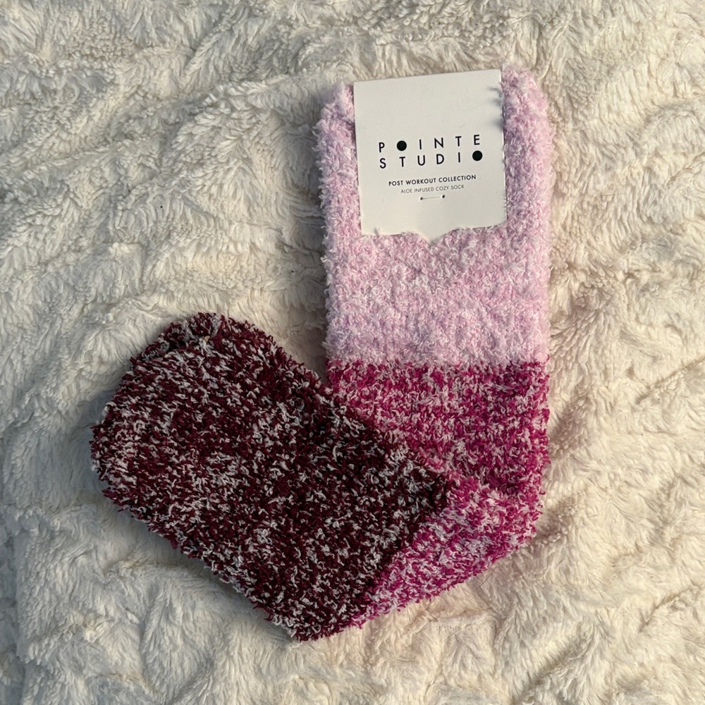 Pointe Studio Pink and Burgundy Fuzzy aloe infused socks Barbie Valentine’s Day